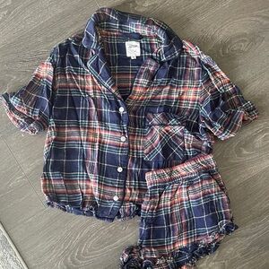 aerie Navy and Red Plaid Short Pajama Set